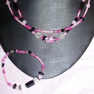 Handmade Beaded Double Strand Necklace & Bracelet Set - Pink & Black